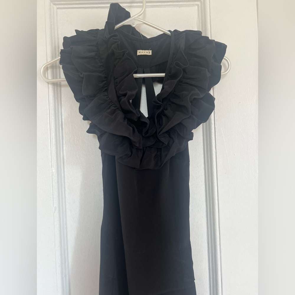Wayne black silk maxi dress size 6 with ruffle neckline